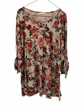 NOBO Floral Tie-Sleeve Tunic Top in Beige and Coral